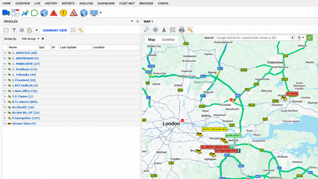 EXPLORER 7 real-time vehicle tracking and fleet management dashboard showing vehicle locations on a GPS map of London.