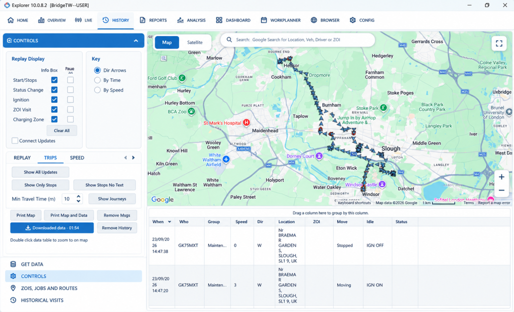 EXPLORER 7 journey history and vehicle route tracking dashboard.